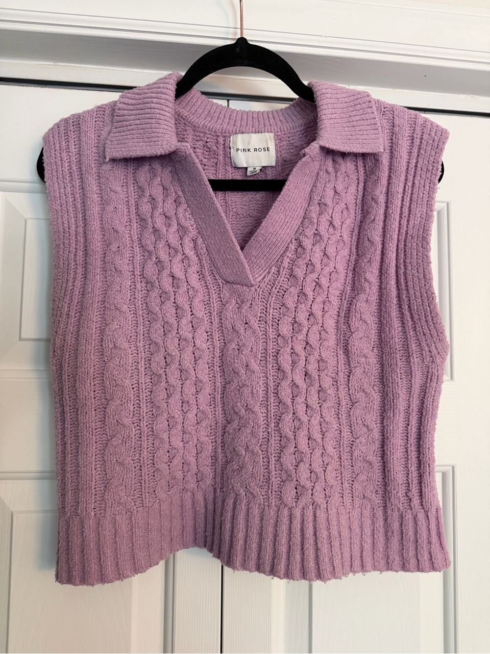Pink Rose Lavender Cable Knit Collared V-Neck Sweater Vest